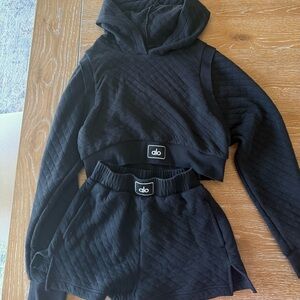 ALO Yoga  Black Quilted Sweatshorts & Hoodie Set